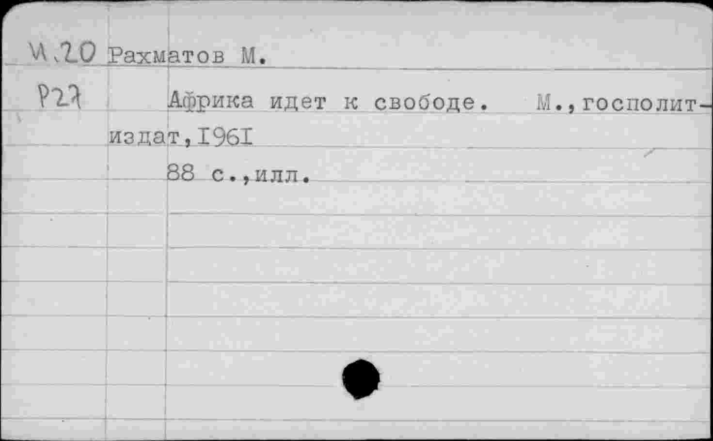 ﻿\Л <7.0 Рахметов М._____
Р7Л Африка идет к свободе.
издат,1961
88 с.,илл.
М.,госполит